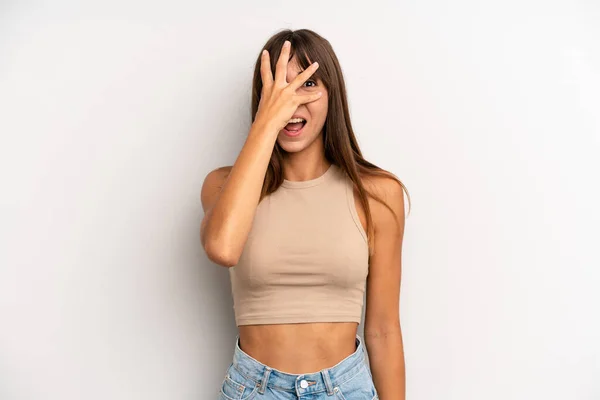 Hispanic Pretty Woman Looking Shocked Scared Terrified Covering Face Hand — Stock Photo, Image