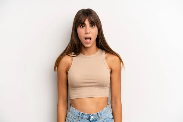 Hispanic Pretty Woman Looking Very Shocked Surprised Staring Open Mouth — Stock Photo, Image