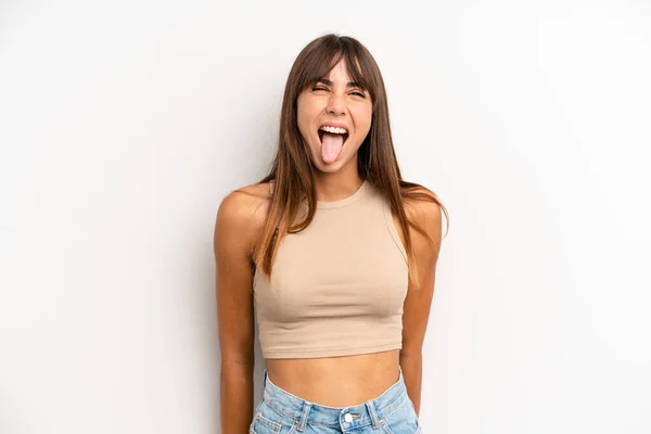 Hispanic Pretty Woman Cheerful Carefree Rebellious Attitude Joking Sticking Tongue — Stock Photo, Image