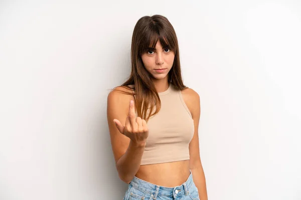 Spanyol Güzel Kadın Kızgın Sinirli Isyankar Agresif Orta Parmağını Sallayarak — Stok fotoğraf