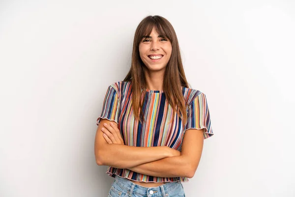 Hispanic Mooie Vrouw Zoek Als Een Gelukkig Trots Tevreden Prestator — Stockfoto