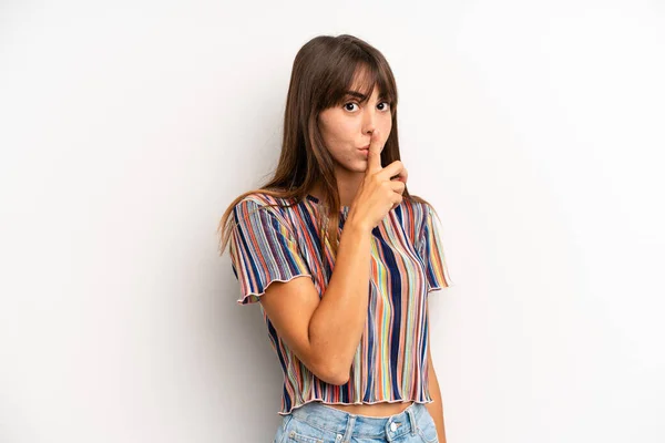 Hispanic Pretty Woman Asking Silence Quiet Gesturing Finger Front Mouth — Stock Photo, Image
