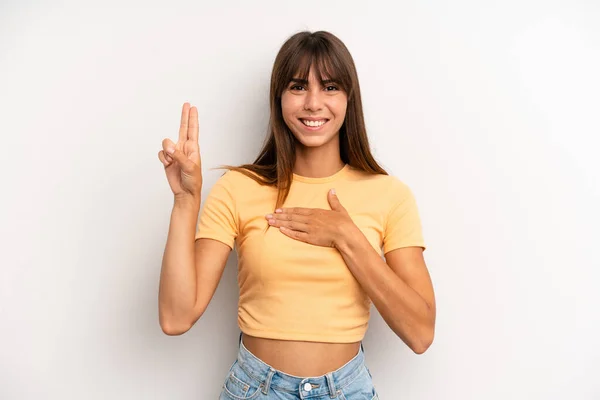 Hispanic Pretty Woman Looking Happy Confident Trustworthy Smiling Showing Victory — Stock Photo, Image