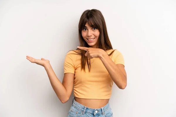 Hispanic Pretty Woman Smiling Cheerfully Pointing Copy Space Palm Side — Stock Photo, Image