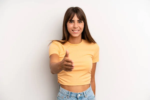 Hispanic Pretty Woman Smiling Looking Happy Confident Friendly Offering Handshake — Stock Photo, Image