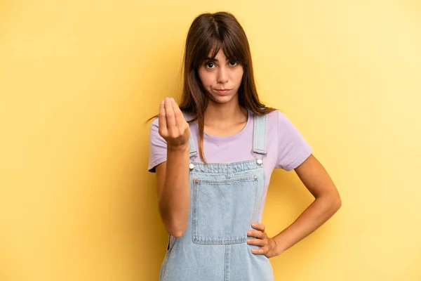 Ispanica Bella Donna Fare Capice Denaro Gesto Dice Pagare Debiti — Foto Stock