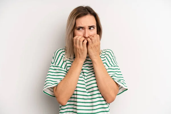 Young Adult Blonde Woman Looking Worried Anxious Stressed Afraid Biting — Foto de Stock