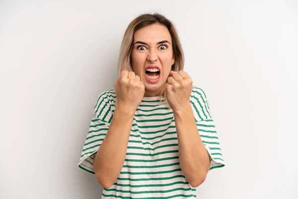 Young Adult Blonde Woman Shouting Aggressively Annoyed Frustrated Angry Look —  Fotos de Stock