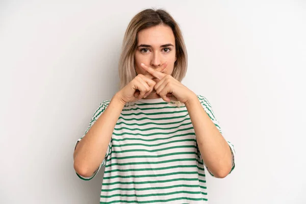Young Adult Blonde Woman Looking Serious Displeased Both Fingers Crossed — Fotografia de Stock