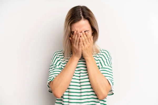 Young Adult Blonde Woman Feeling Sad Frustrated Nervous Depressed Covering — Foto Stock