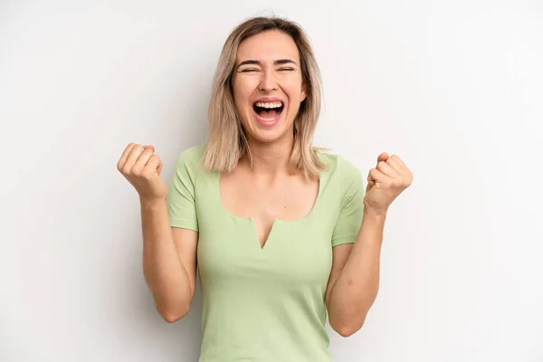 Young Adult Blonde Woman Looking Extremely Happy Surprised Celebrating Success — 图库照片