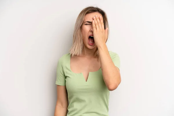 Young Adult Blonde Woman Looking Sleepy Bored Yawning Headache One — Foto de Stock