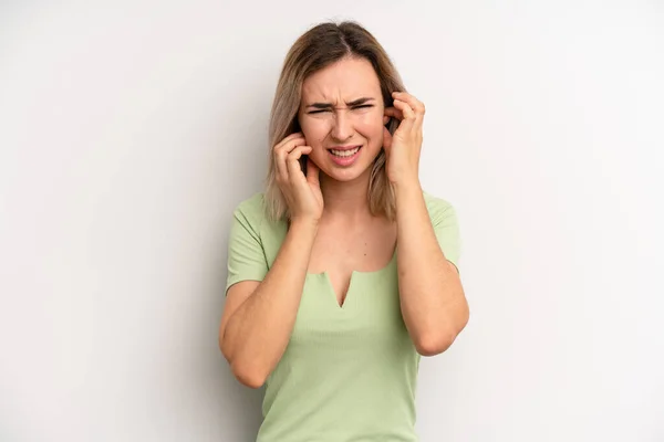 Young Adult Blonde Woman Looking Angry Stressed Annoyed Covering Both - Stock-foto