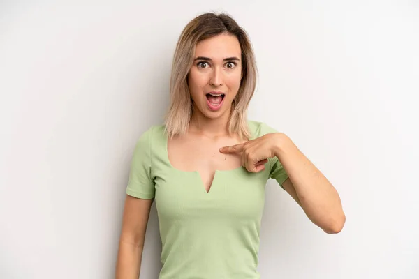 Young Adult Blonde Woman Looking Happy Proud Surprised Cheerfully Pointing — Stock Photo, Image