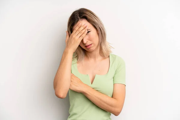 Young Adult Blonde Woman Looking Stressed Ashamed Upset Headache Covering — Stockfoto