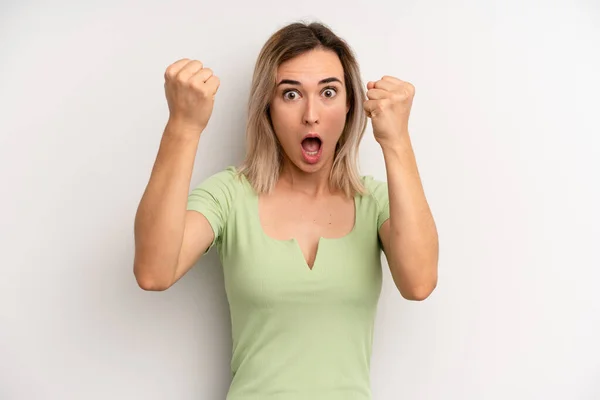 Young Adult Blonde Woman Celebrating Unbelievable Success Winner Looking Excited — Foto de Stock