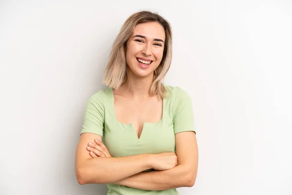 Young Adult Blonde Woman Looking Happy Proud Satisfied Achiever Smiling — 图库照片