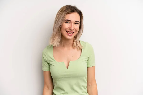 Young Adult Blonde Woman Big Friendly Carefree Smile Looking Positive — Zdjęcie stockowe