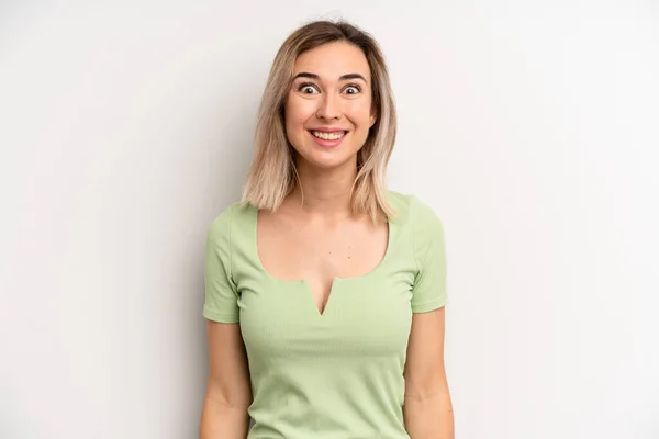 Young Adult Blonde Woman Looking Happy Goofy Broad Fun Loony — Stock Photo, Image