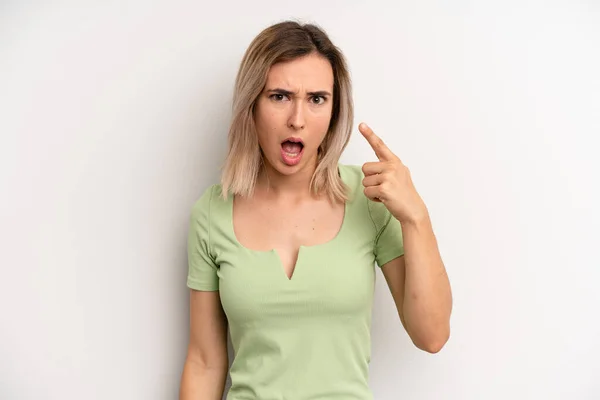 Young Adult Blonde Woman Pointing Camera Angry Aggressive Expression Looking — Stockfoto