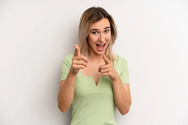 Young Adult Blonde Woman Smiling Positive Successful Happy Attitude Pointing — Stok fotoğraf