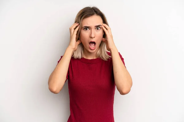 Young Adult Blonde Woman Looking Unpleasantly Shocked Scared Worried Mouth — Fotografia de Stock