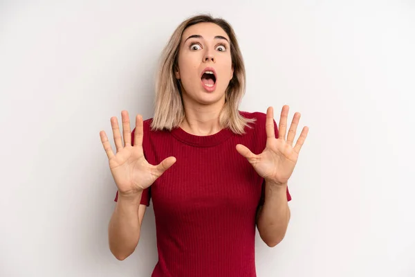 Young Adult Blonde Woman Feeling Stupefied Scared Fearing Something Frightening — Foto Stock