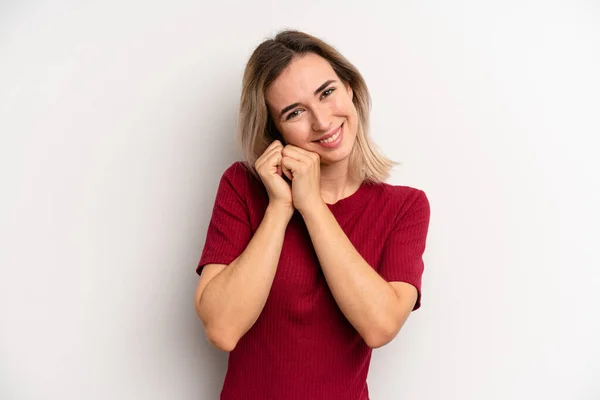 Young Adult Blonde Woman Feeling Love Looking Cute Adorable Happy — Foto de Stock