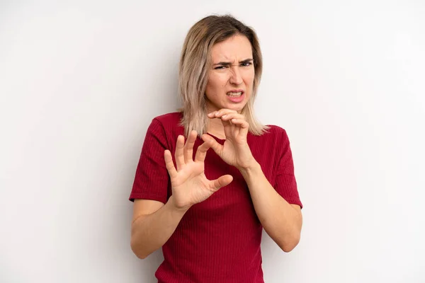 Young Adult Blonde Woman Feeling Disgusted Nauseous Backing Away Something — Stockfoto