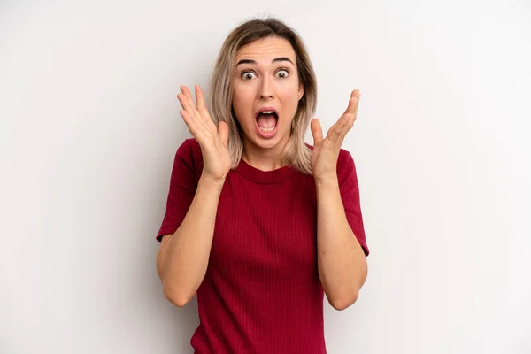 Young Adult Blonde Woman Feeling Shocked Excited Laughing Amazed Happy — Foto de Stock