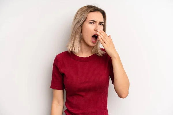 Young Adult Blonde Woman Yawning Lazily Early Morning Waking Looking — Foto Stock