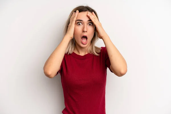 Young Adult Blonde Woman Feeling Horrified Shocked Raising Hands Head — Foto Stock