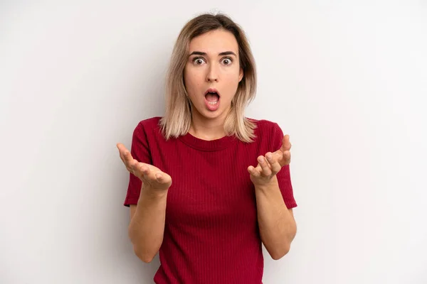 Young Adult Blonde Woman Feeling Extremely Shocked Surprised Anxious Panicking — Stock fotografie