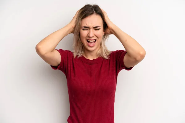 Young Adult Blonde Woman Feeling Stressed Frustrated Raising Hands Head — Stockfoto