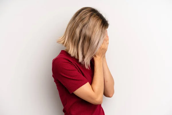 Young Adult Blonde Woman Covering Eyes Hands Sad Frustrated Look — Stock Fotó