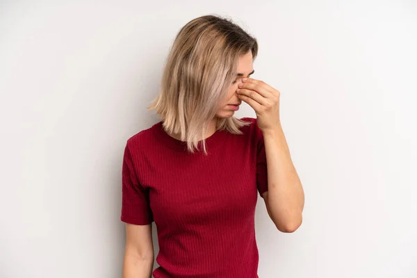 Young Adult Blonde Woman Feeling Stressed Unhappy Frustrated Touching Forehead — Fotografia de Stock