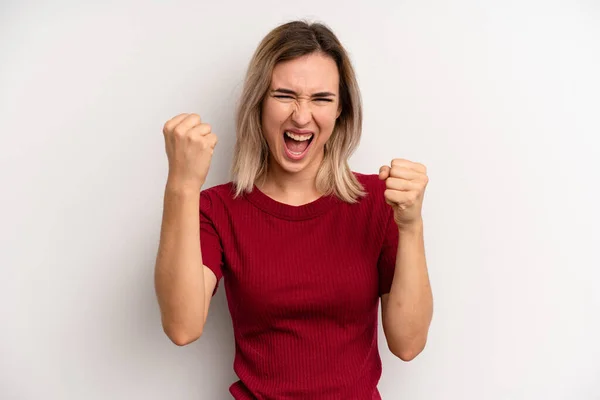 Young Adult Blonde Woman Feeling Happy Positive Successful Celebrating Victory — Photo
