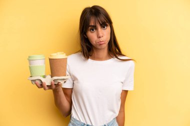 feeling sad and whiney with an unhappy look and crying. take away coffees