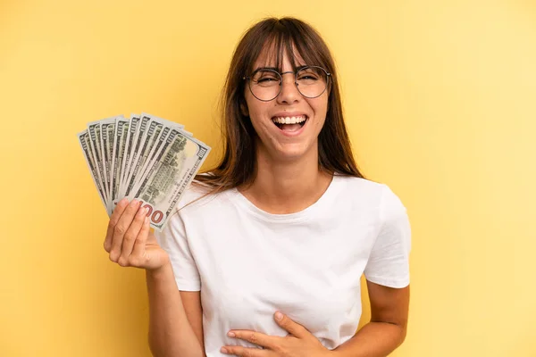Hispanic Woman Feeling Puzzled Confused Doubting Dollar Banknotes Concept — Foto Stock