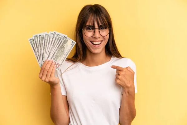 Hispanic Woman Feeling Happy Pointing Self Excited Dollar Banknotes Concept — Foto Stock