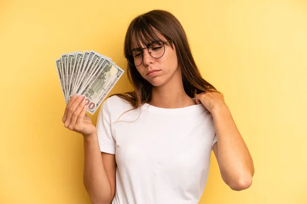 Hispanic Woman Feeling Stressed Anxious Tired Frustrated Dollar Banknotes Concept — 스톡 사진