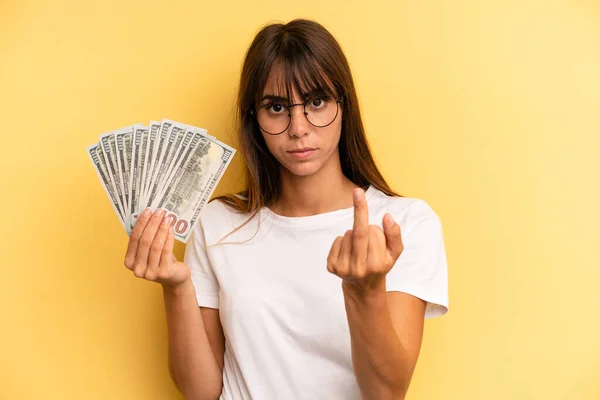 Hispanic Woman Feeling Angry Annoyed Rebellious Aggressive Dollar Banknotes Concept — Foto Stock