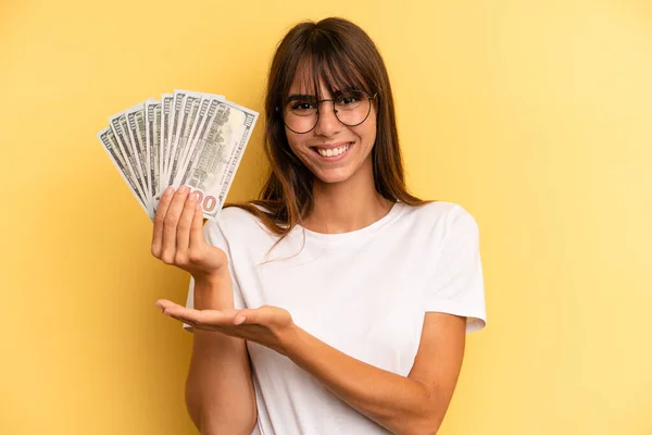 Hispanic Woman Smiling Cheerfully Feeling Happy Showing Concept Dollar Banknotes — Foto Stock