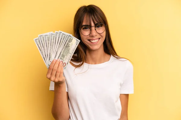 Hispanic Woman Looking Happy Pleasantly Surprised Dollar Banknotes Concept — Foto Stock