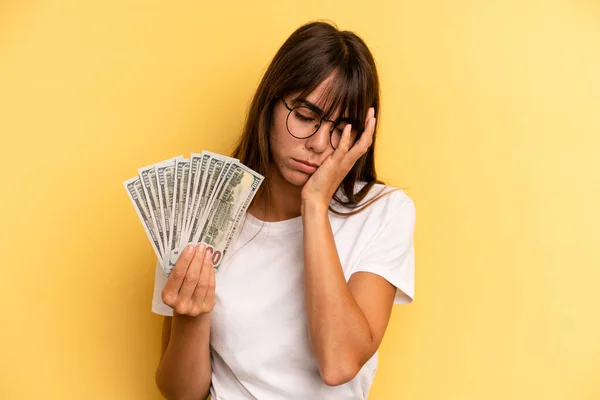 Hispanic Woman Feeling Bored Frustrated Sleepy Tiresome Dollar Banknotes Concept — 스톡 사진