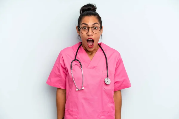 Hispanic Woman Looking Very Shocked Surprised Nurse Concept — Stock Photo, Image