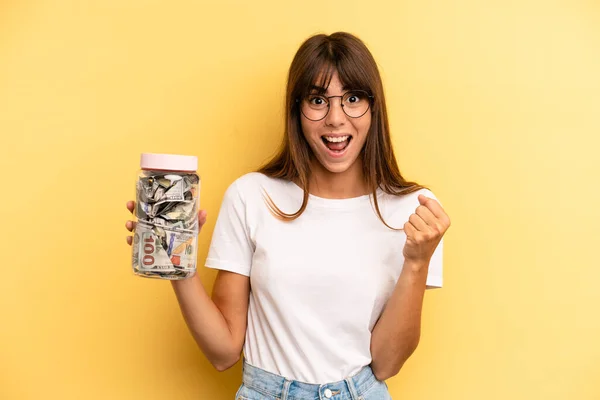 Hispanic Woman Feeling Shocked Laughing Celebrating Success Savings Concept — Stockfoto