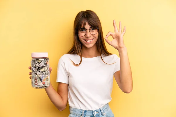 Hispanic Woman Feeling Happy Showing Approval Okay Gesture Savings Concept —  Fotos de Stock