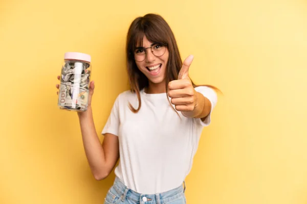 Hispanic Woman Feeling Proud Smiling Positively Thumbs Savings Concept — Zdjęcie stockowe