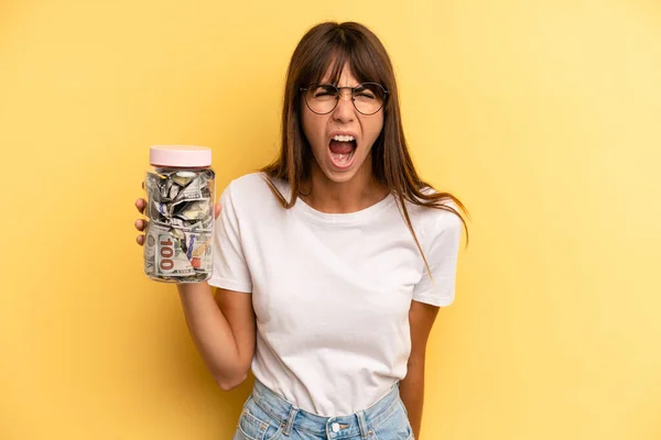 Hispanic Woman Shouting Aggressively Looking Very Angry Savings Concept — Stock fotografie
